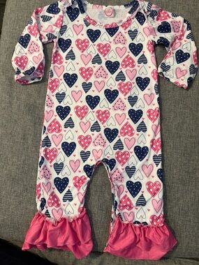 Isla Grace Heart-Print Long Sleeve Romper Pink/Navy 2 layers of ruffles 18-24m